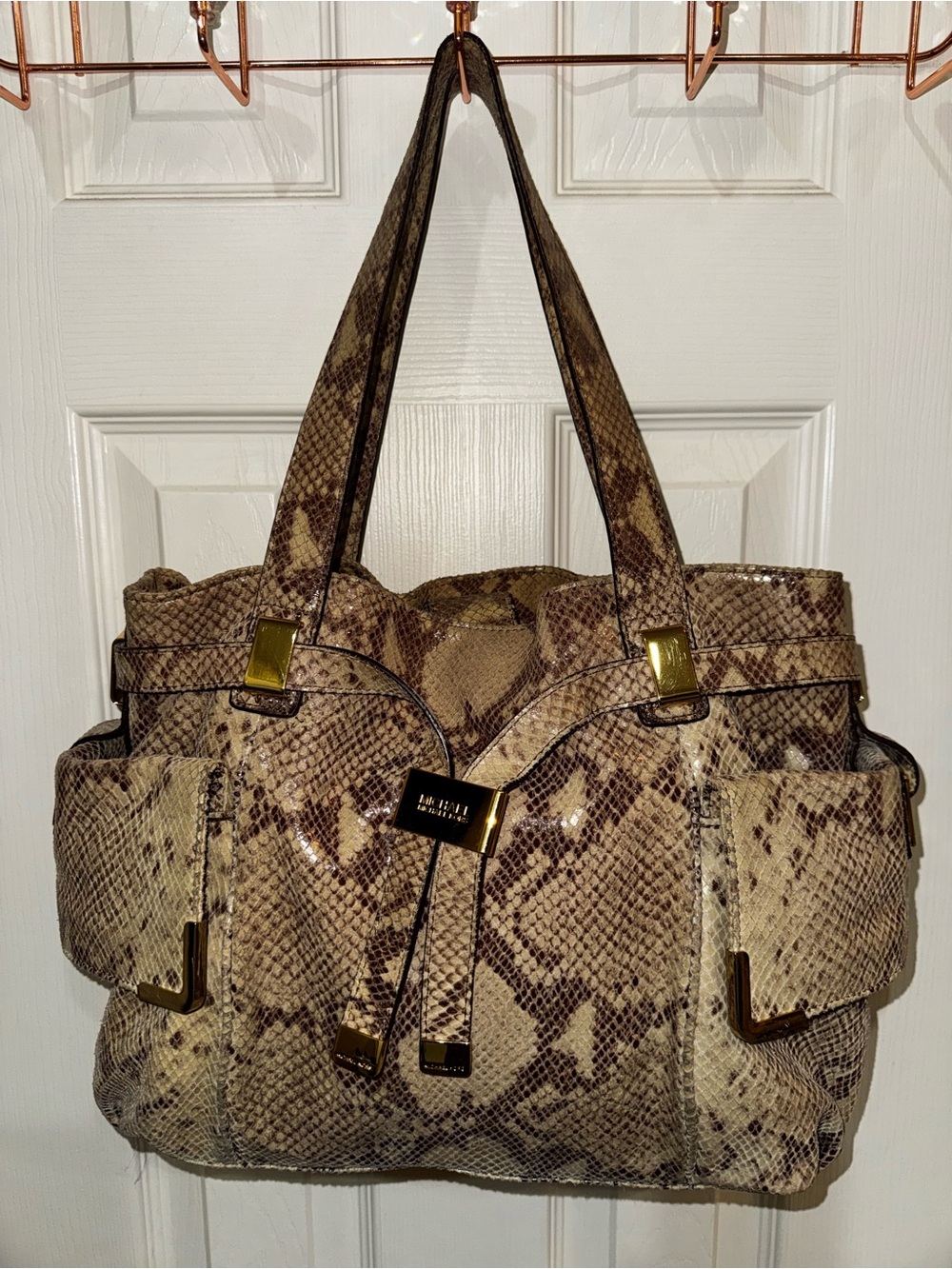 Michael Kors Beverly Large Python-Embossed Satchel Tote Bag